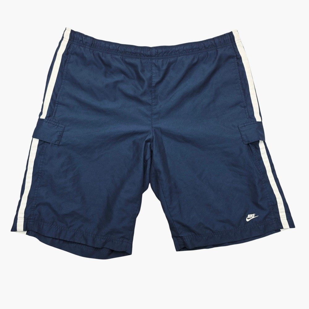 Nike Mens XL Navy Blue White Stripe Cargo Swim Trunks Mesh Lined Board Shorts
